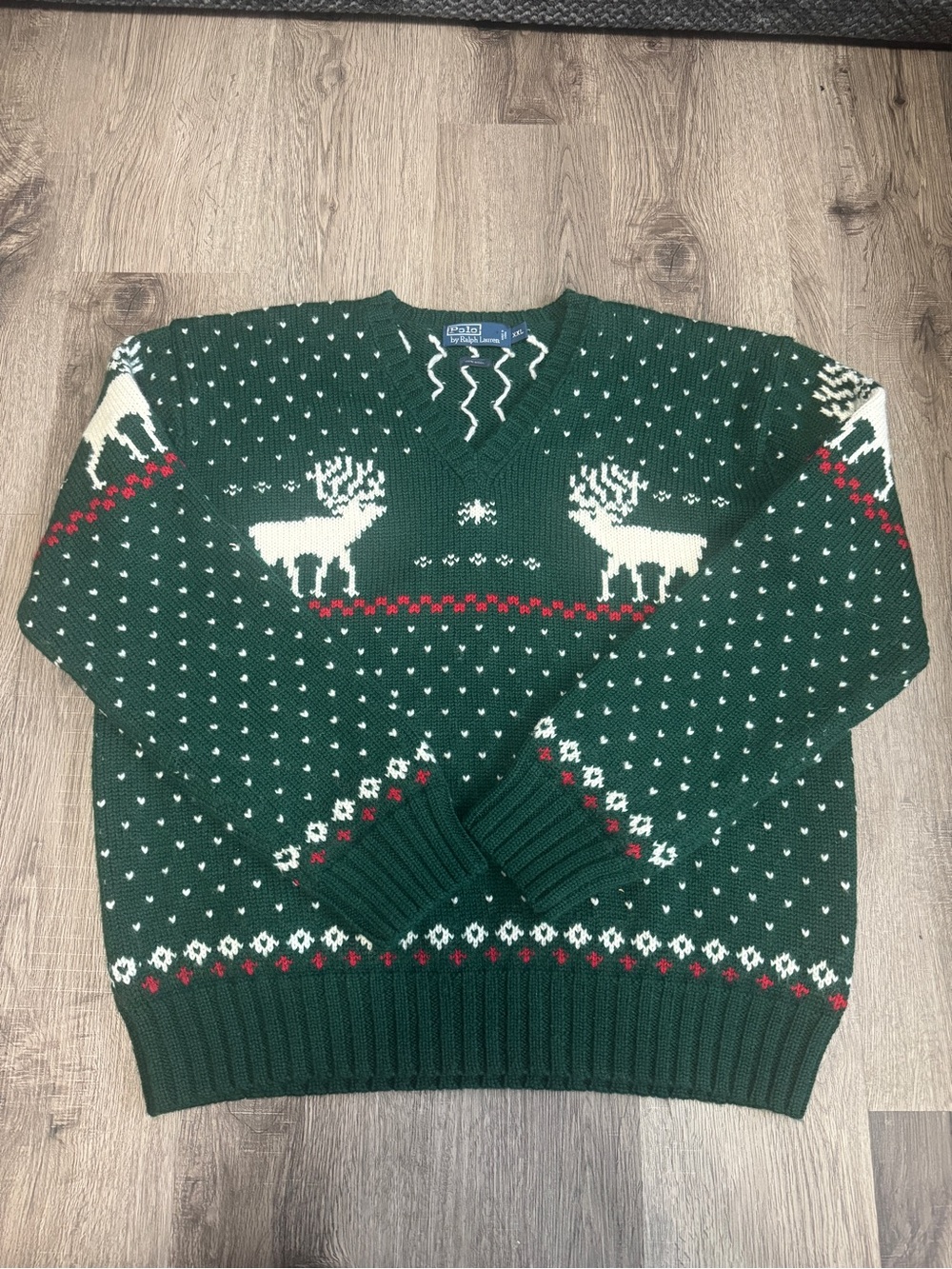 Polo by Ralph Lauren Green, White & Red Reindeer V-Neck Vintage Sweater 100%Wool
